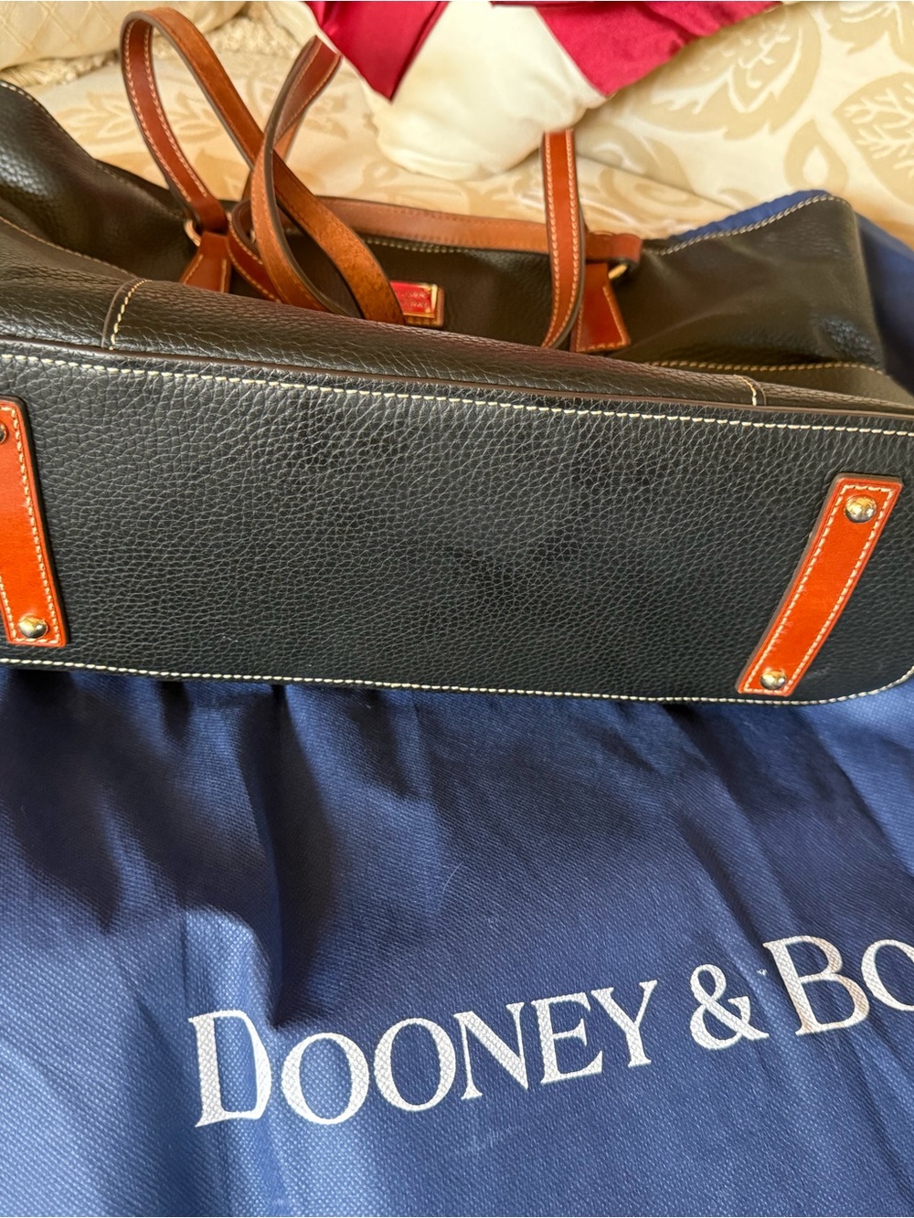 Dooney & Bourke Black Pebble Leather Tote with Brown Trim and Red Interior - Picture 2 of 6